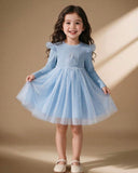 Girls’ Cartoon Sky Blue Print Knit Contrast Mesh Princess Dress