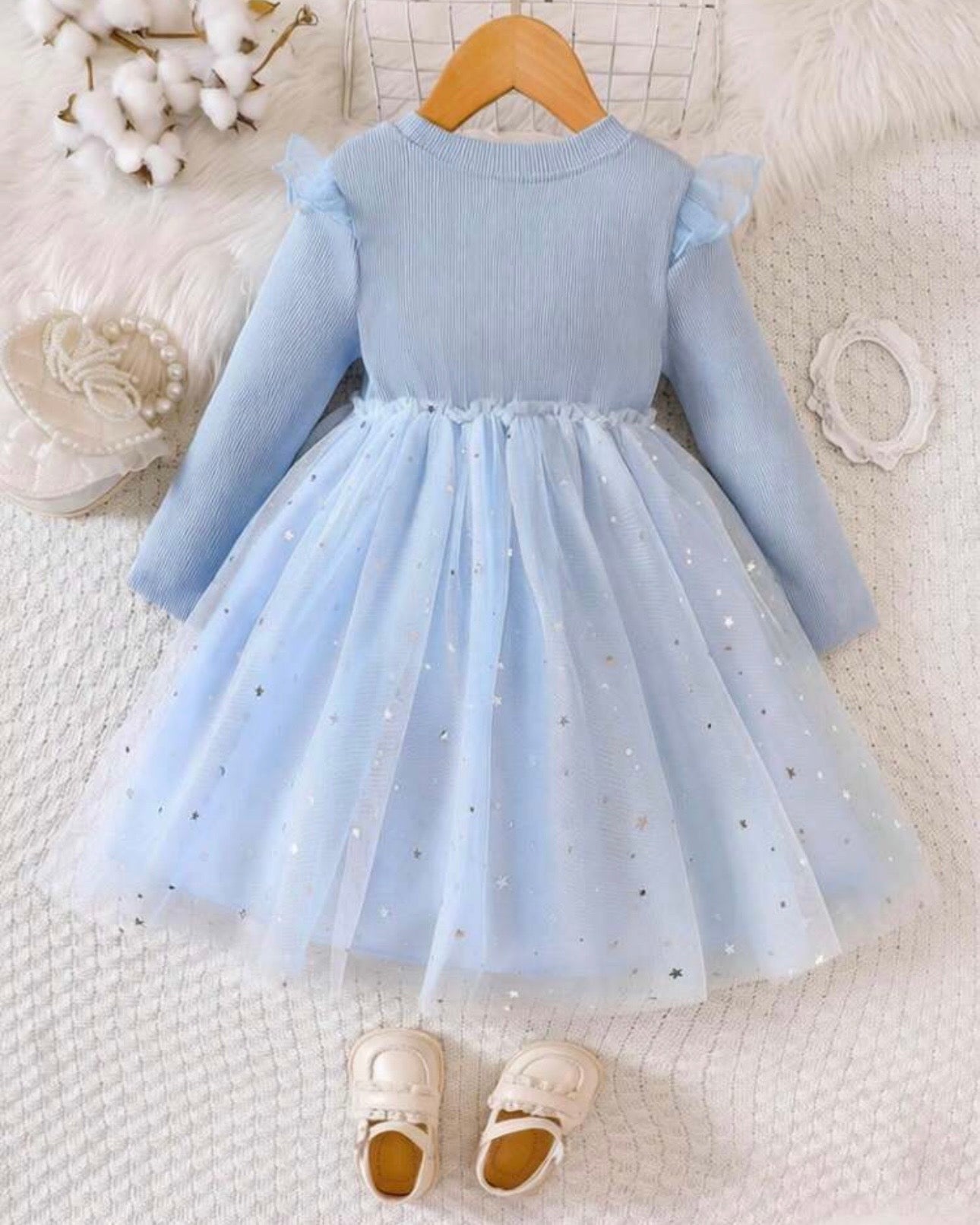 Girls’ Cartoon Sky Blue Print Knit Contrast Mesh Princess Dress