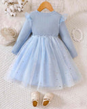 Girls’ Cartoon Sky Blue Print Knit Contrast Mesh Princess Dress
