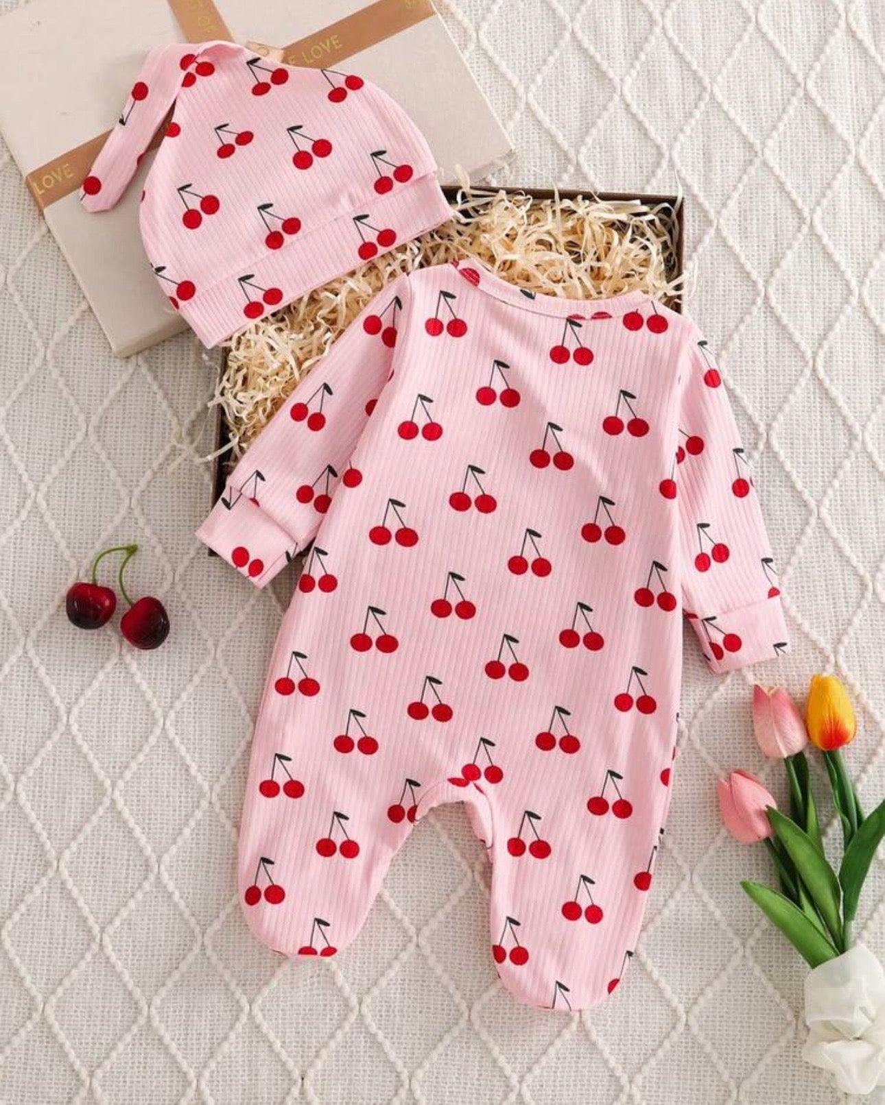 Newborn Pink Cherry Print Newborn Jumpsuit Set with Hat