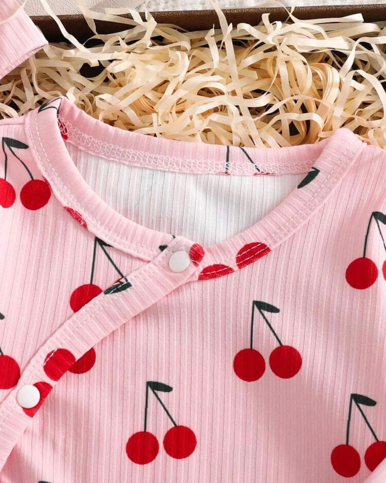 Newborn Pink Cherry Print Newborn Jumpsuit Set with Hat