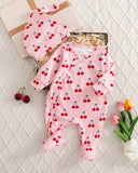 Newborn Pink Cherry Print Newborn Jumpsuit Set with Hat