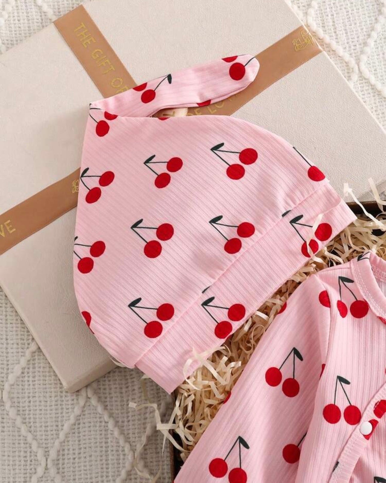 Newborn Pink Cherry Print Newborn Jumpsuit Set with Hat