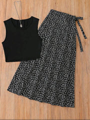 Women French Elegant Vintage Print Crop Top & Skirt Set – Spring/Summer