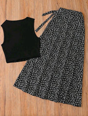 Women French Elegant Vintage Print Crop Top & Skirt Set – Spring/Summer