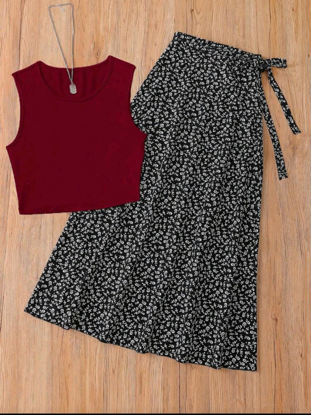 Women French Elegant Vintage Print Crop Top & Skirt Set – Spring/Summer