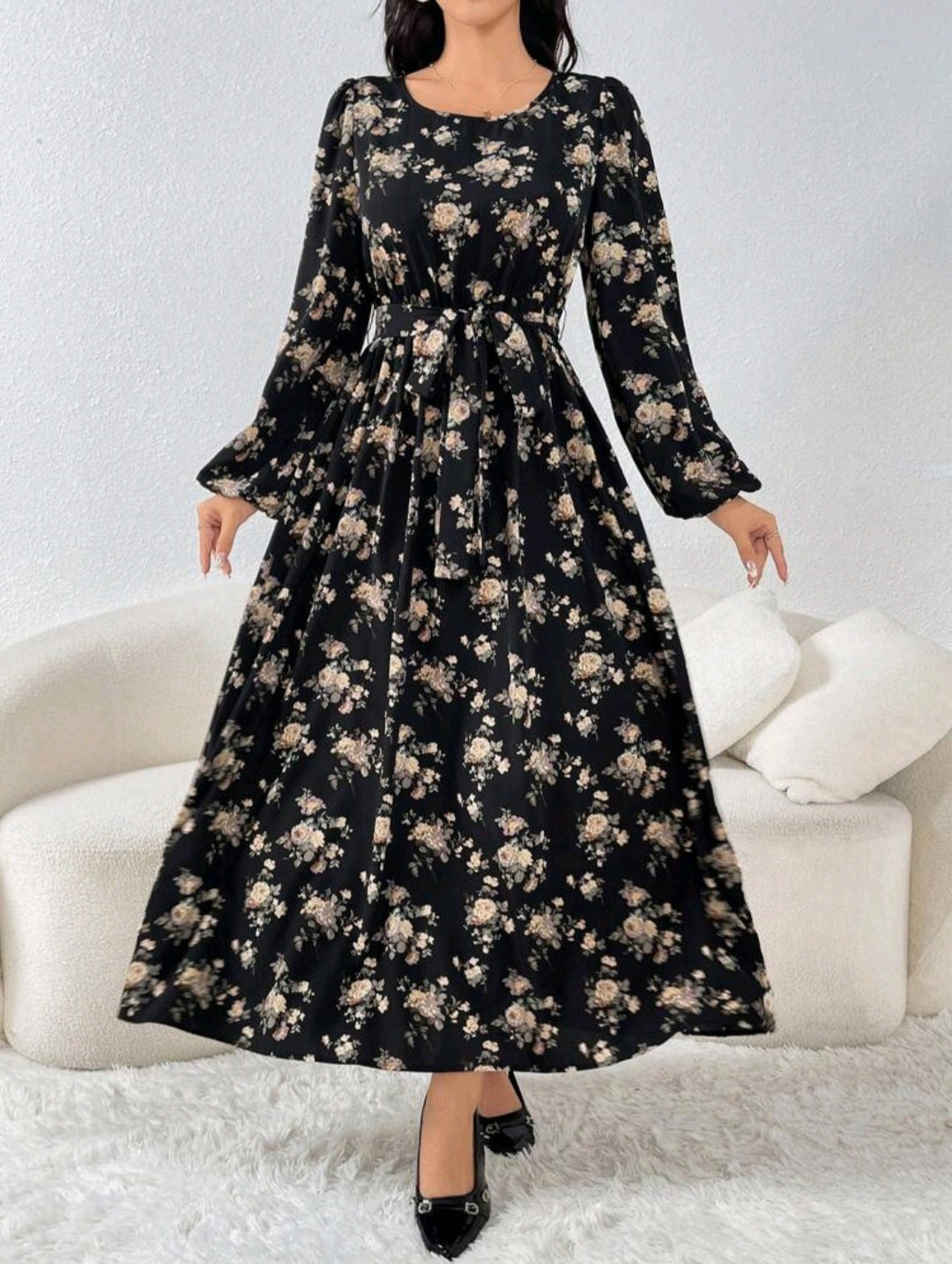 Floral Print Lantern Sleeve Cinched Waist Waist Dress