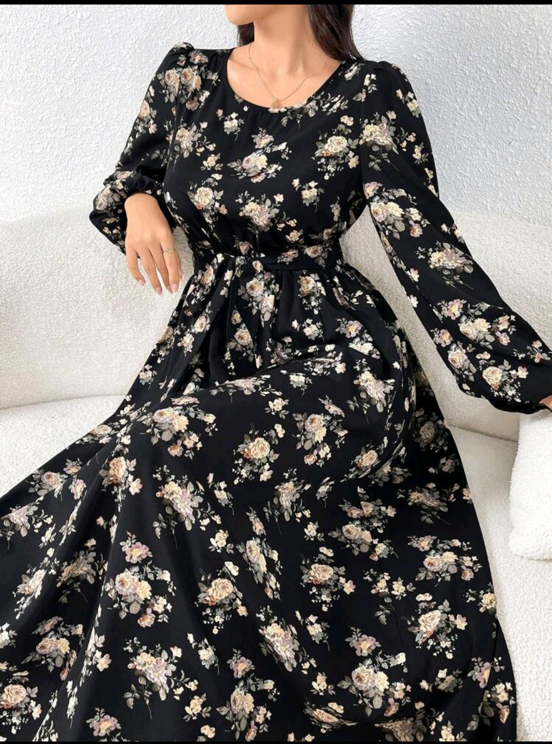 Floral Print Lantern Sleeve Cinched Waist Waist Dress