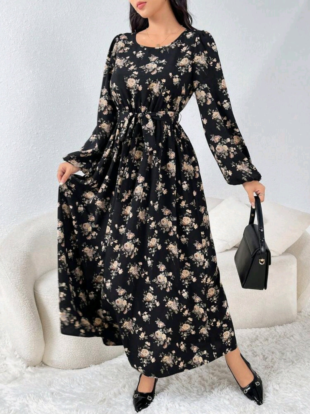 Floral Print Lantern Sleeve Cinched Waist Waist Dress