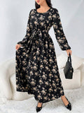 Floral Print Lantern Sleeve Cinched Waist Waist Dress