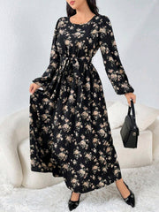 Floral Print Lantern Sleeve Cinched Waist Waist Dress