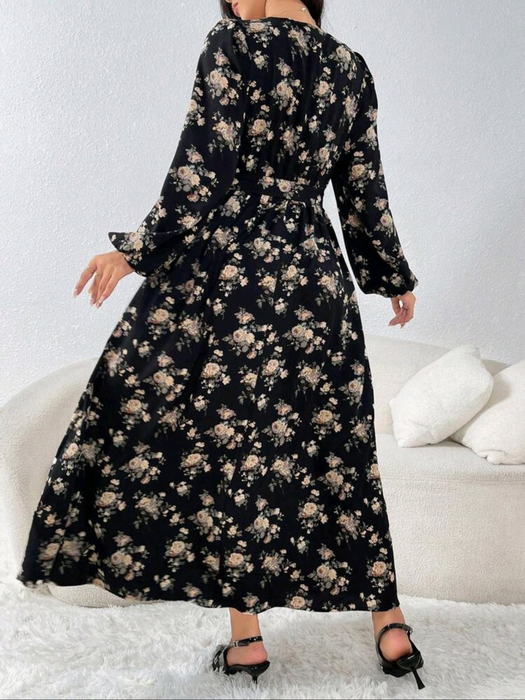 Floral Print Lantern Sleeve Cinched Waist Waist Dress