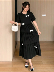 Women's Round Neck Short Sleeve Pleated Simple Bowknot Decor Dress Sundress