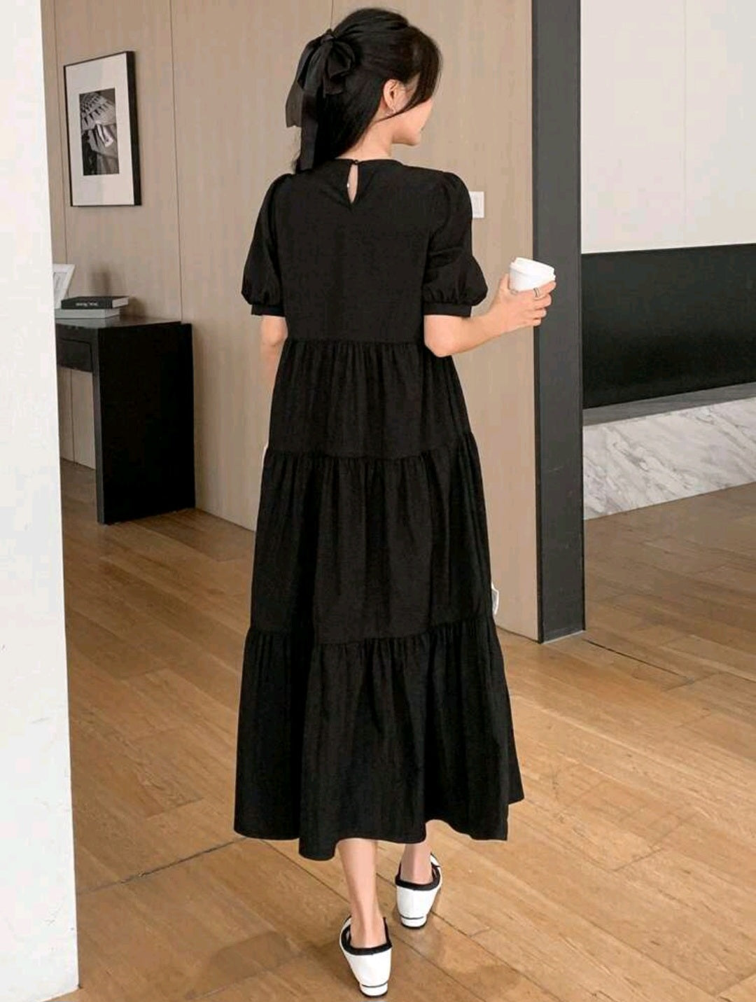 Women's Round Neck Short Sleeve Pleated Simple Bowknot Decor Dress Sundress