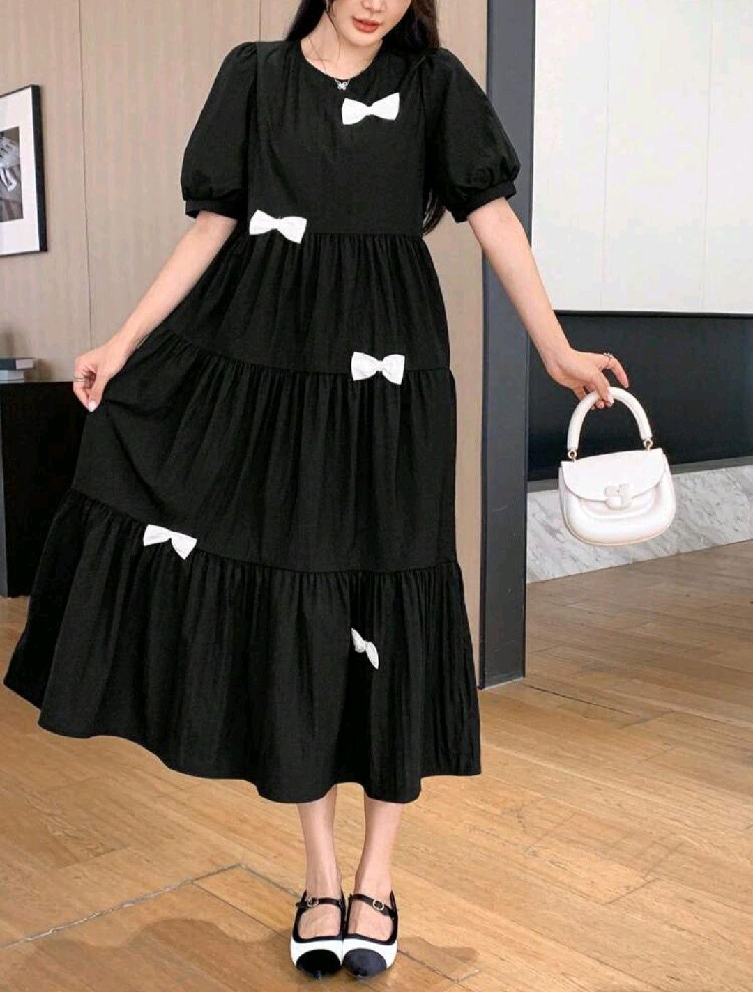 Women's Round Neck Short Sleeve Pleated Simple Bowknot Decor Dress Sundress