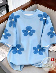 Women's Round Neck Digital Printed Flower Studded T-Shirt