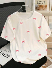 Women Pink Bow Printed Half Sleeve Casual T-Shirt