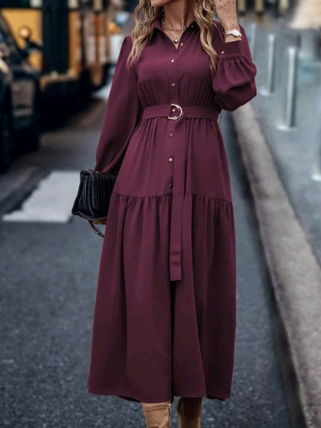 Solid Button Front Belted Ruffle Hem Maxi Shirt Dress for Women
