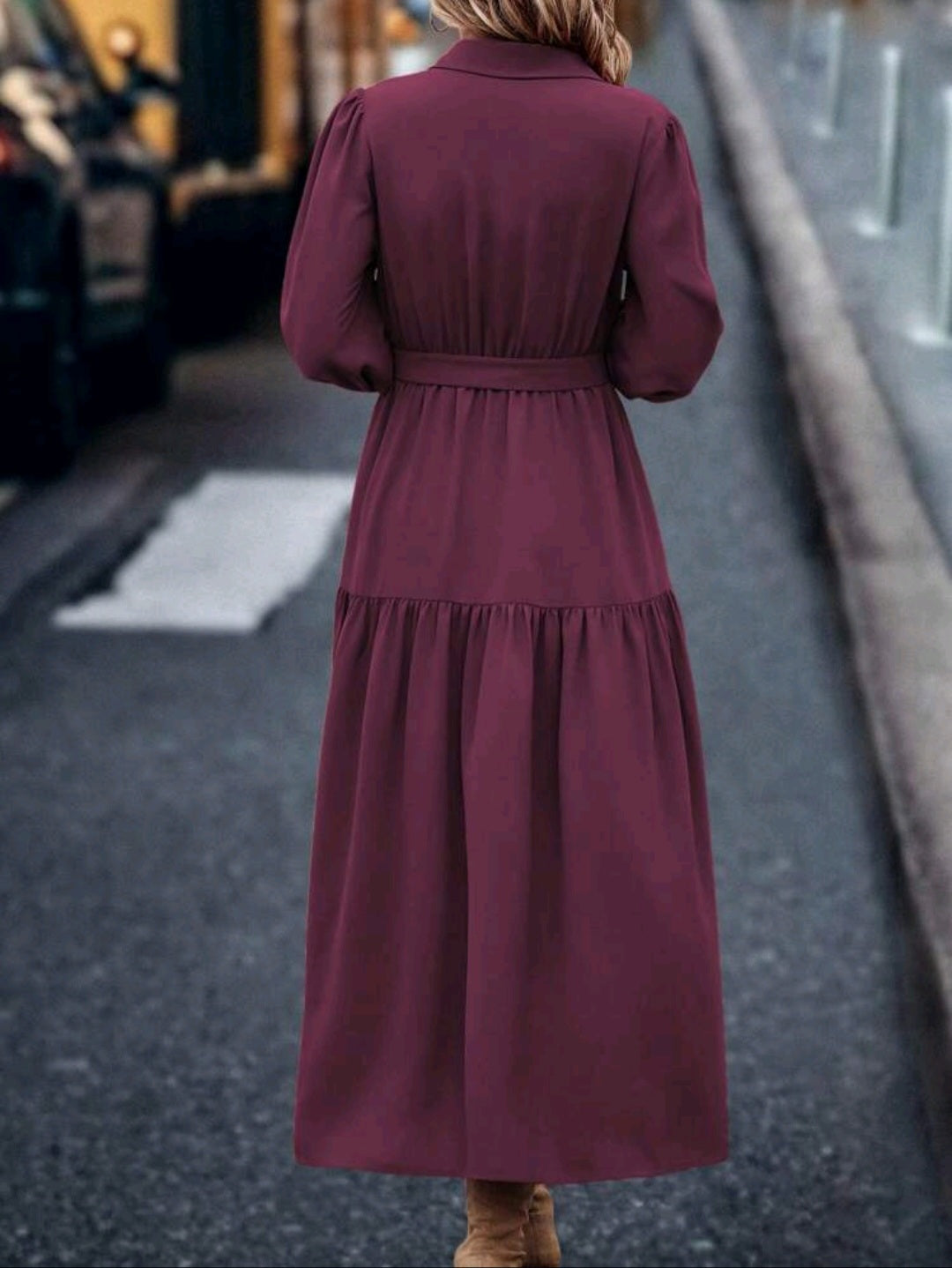 Solid Button Front Belted Ruffle Hem Maxi Shirt Dress for Women