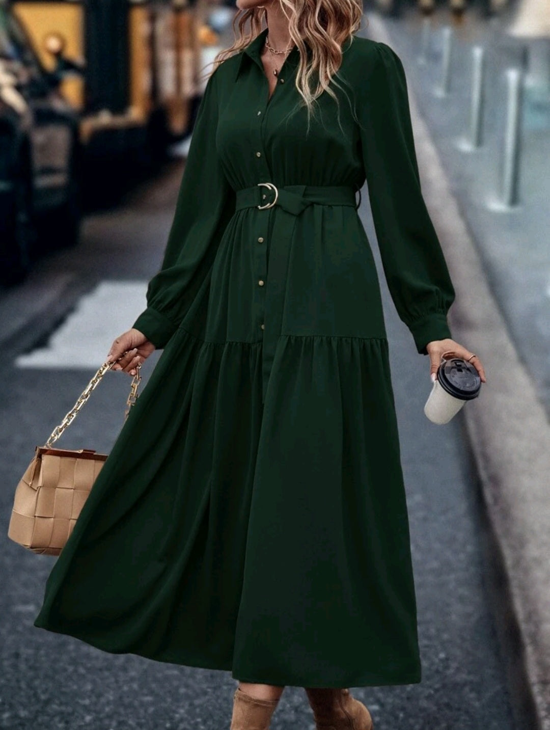 Solid Button Front Belted Ruffle Hem Maxi Shirt Dress for Women