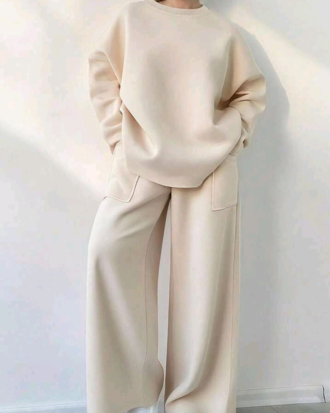 Women’s Casual Comfy 2pcs Set – Solid Color Drop Shoulder Sweatshirt & Wide Leg Sweatpants