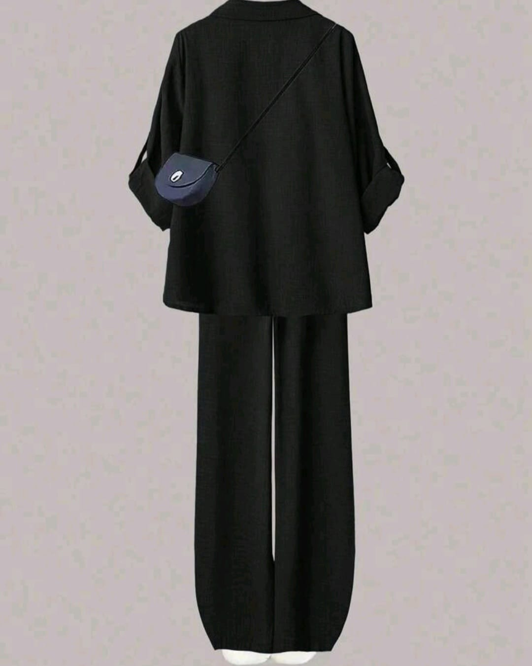 Women’s  2pcs Set – Turndown Collar Shirt & High Waist Wide Leg Pants