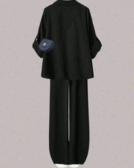 Women’s  2pcs Set – Turndown Collar Shirt & High Waist Wide Leg Pants