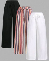 3pcs Women’s Casual Minimalist Vacation Style Geometric Pants Set – Black & White + Colorful Striped Pants