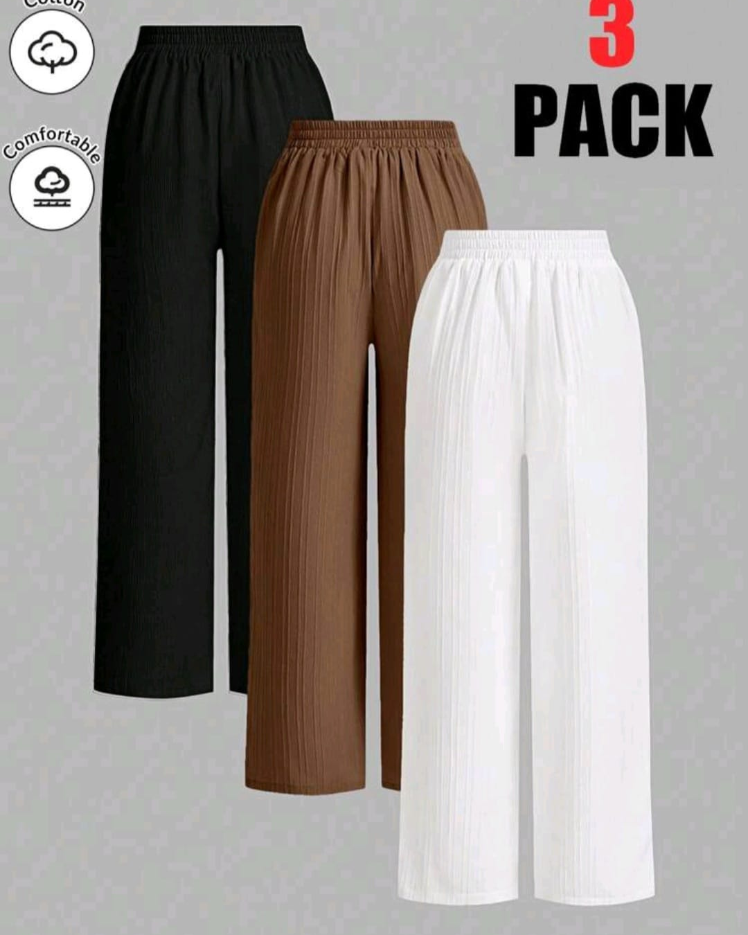 3Pcs Summer Solid Color Waist-Tie Wide Leg Casual Work Pants Set