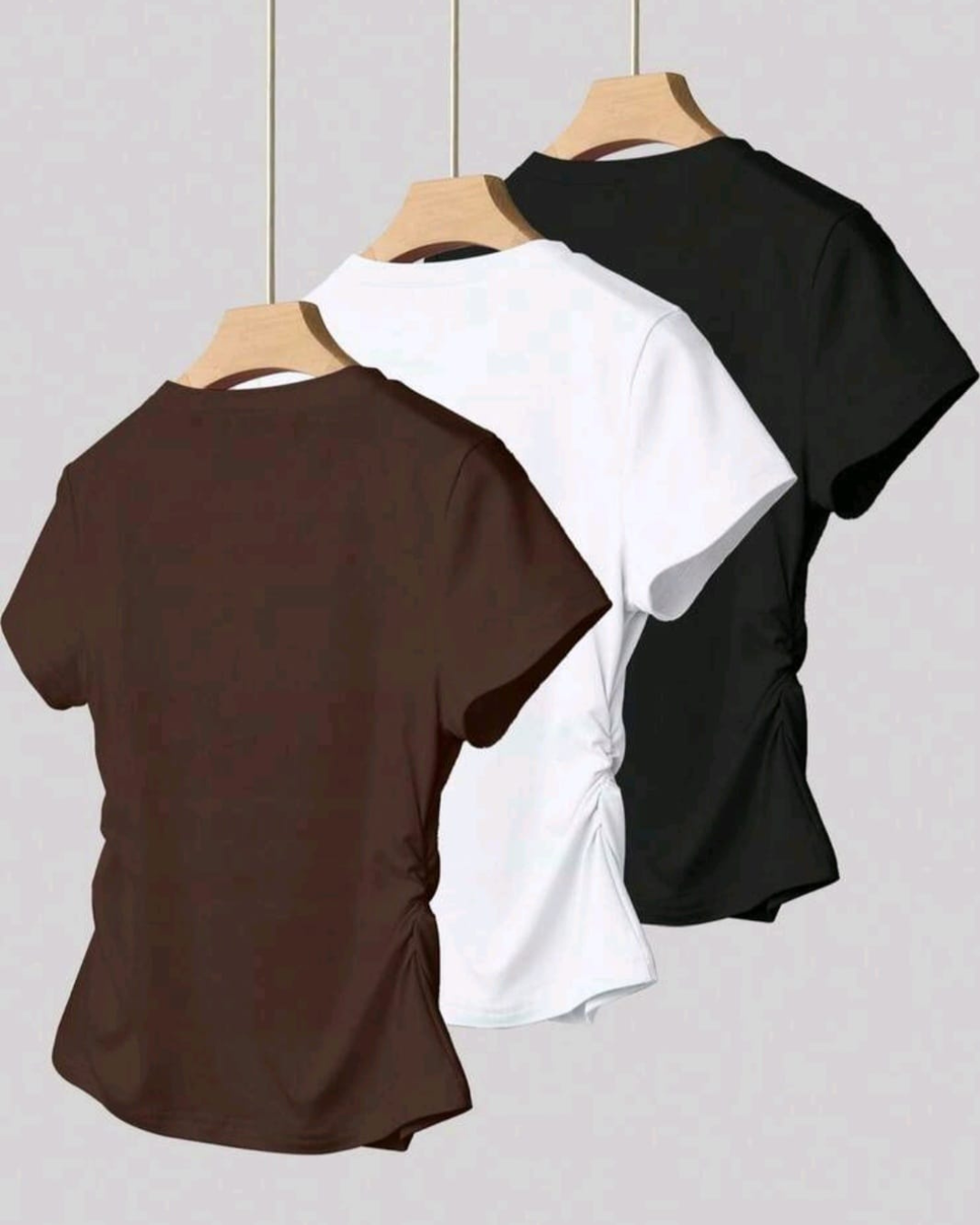 3pcs Women Casual Pleated Waist Fitted Short Sleeve T-Shirt Set