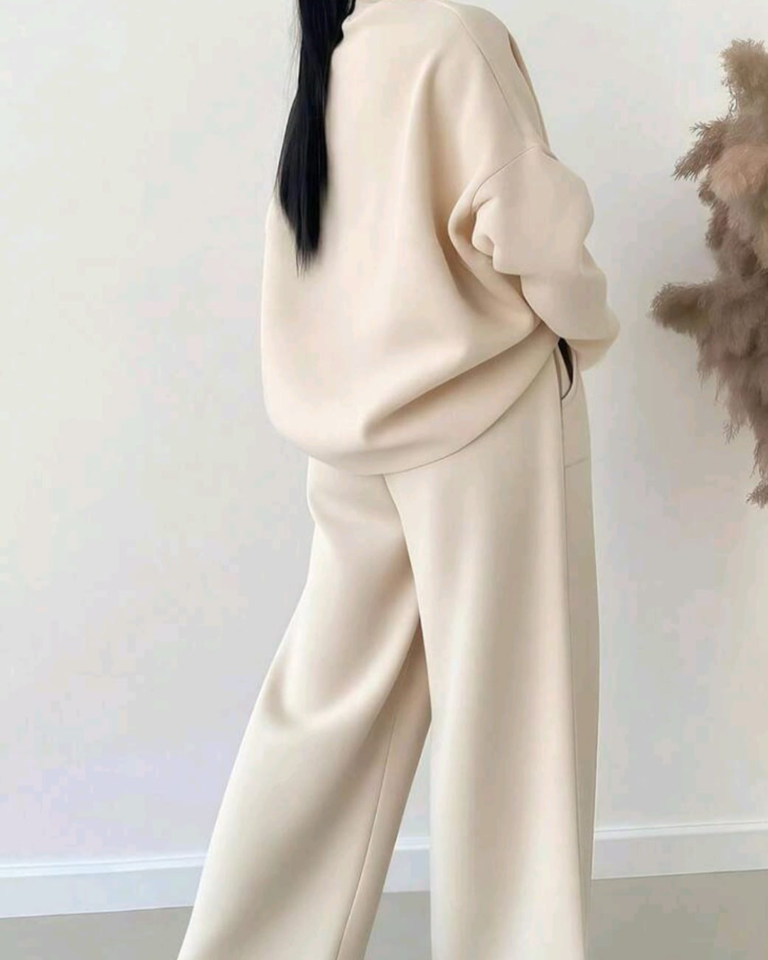 Women’s Casual Comfy 2pcs Set – Solid Color Drop Shoulder Sweatshirt & Wide Leg Sweatpants