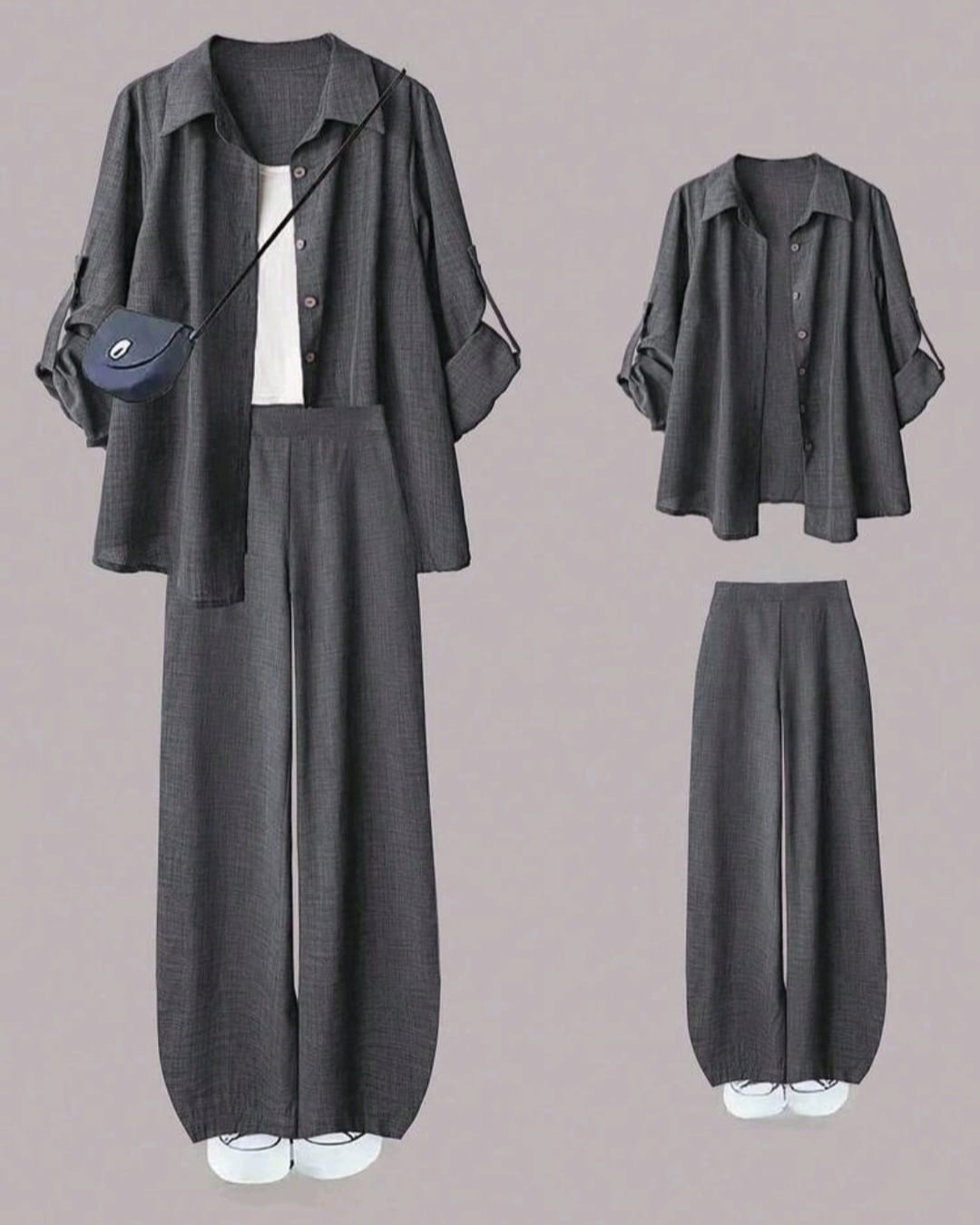 Women’s  2pcs Set – Turndown Collar Shirt & High Waist Wide Leg Pants