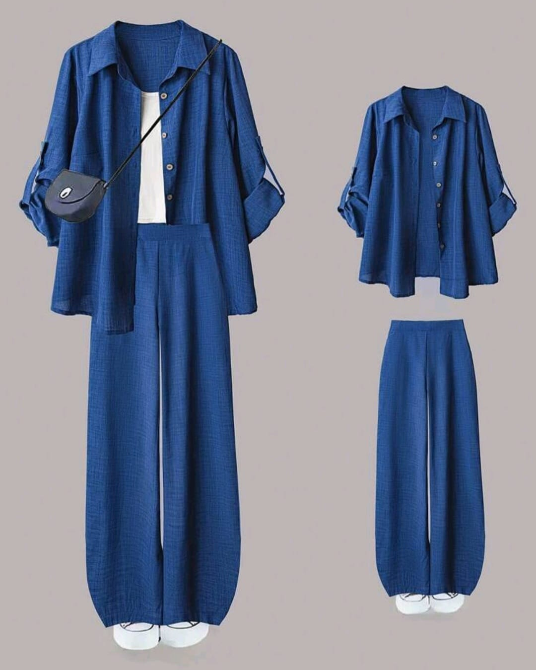 Women’s  2pcs Set – Turndown Collar Shirt & High Waist Wide Leg Pants