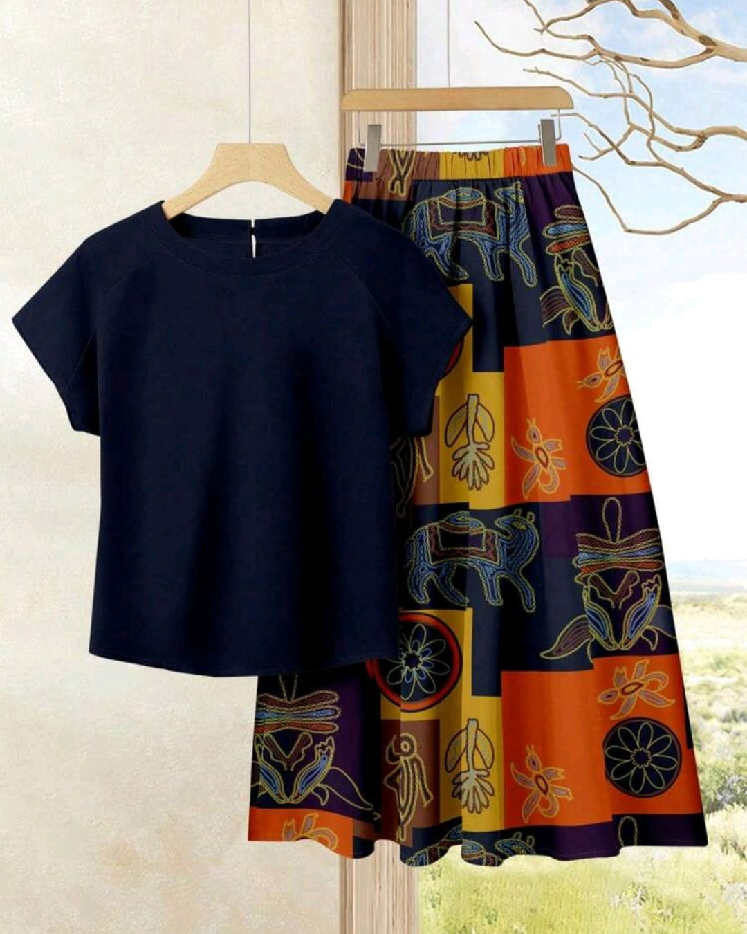 2pcs Women’s Vacation Casual Solid Top & Print Midi Skirt Set