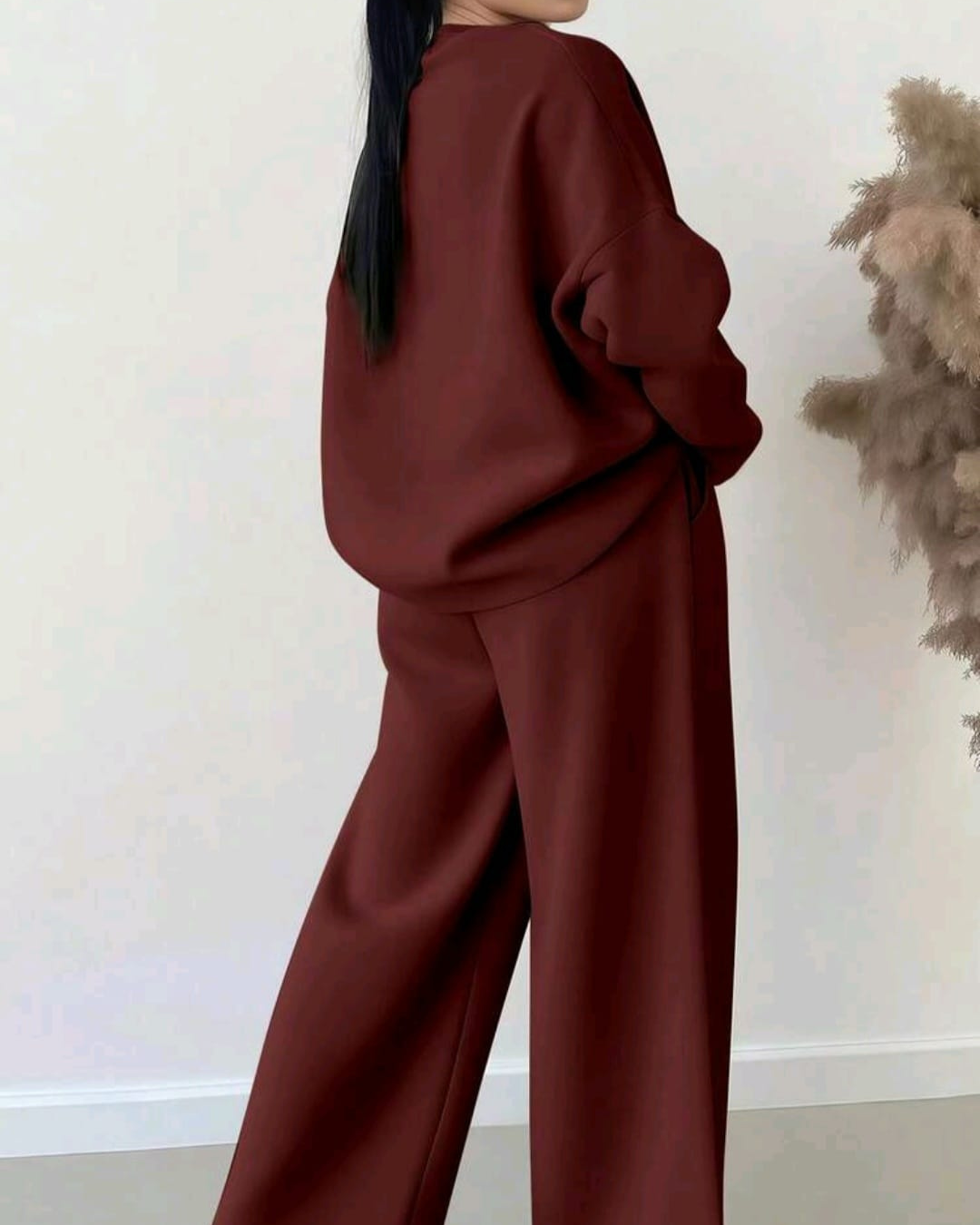 Women’s Casual Comfy 2pcs Set – Solid Color Drop Shoulder Sweatshirt & Wide Leg Sweatpants