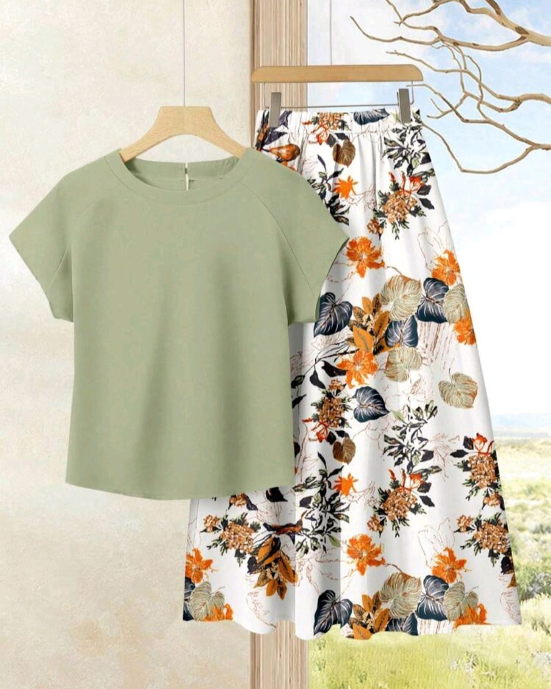 2pcs Women’s Vacation Casual Solid Top & Print Midi Skirt Set