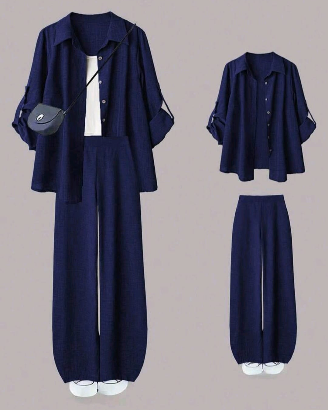 Women’s  2pcs Set – Turndown Collar Shirt & High Waist Wide Leg Pants