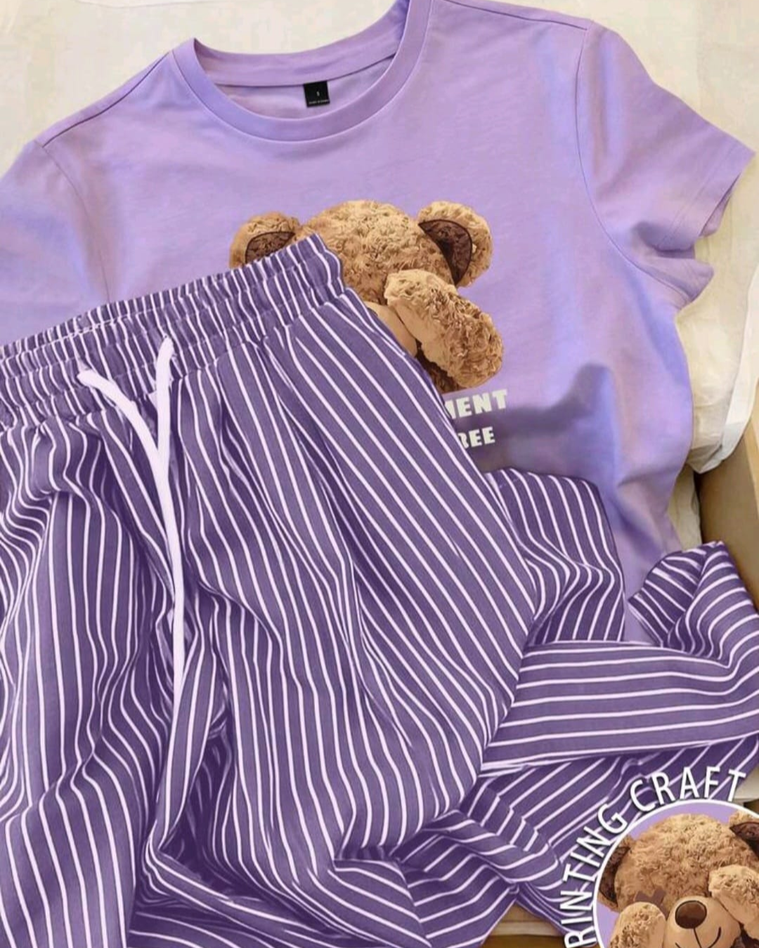 2pcs Women Summer Casual Bear Print Round Neck T-Shirt & Striped Pants Set
