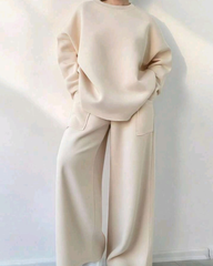 Women’s Casual Comfy 2pcs Set – Solid Color Drop Shoulder Sweatshirt & Wide Leg Sweatpants