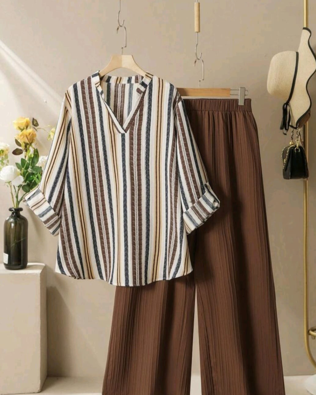 2pcs Set – women’s Textured Colorful Stripe Long Sleeve Shirt & Wide Leg Pants