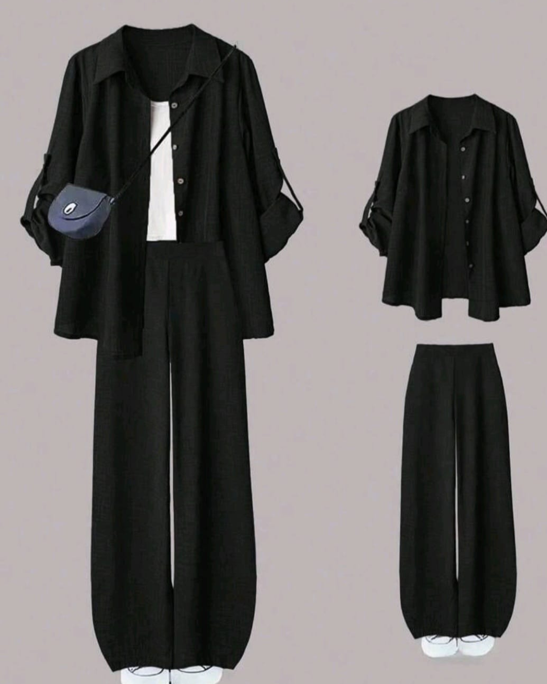 Women’s  2pcs Set – Turndown Collar Shirt & High Waist Wide Leg Pants
