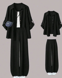 Women’s  2pcs Set – Turndown Collar Shirt & High Waist Wide Leg Pants