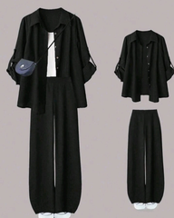 Women’s  2pcs Set – Turndown Collar Shirt & High Waist Wide Leg Pants
