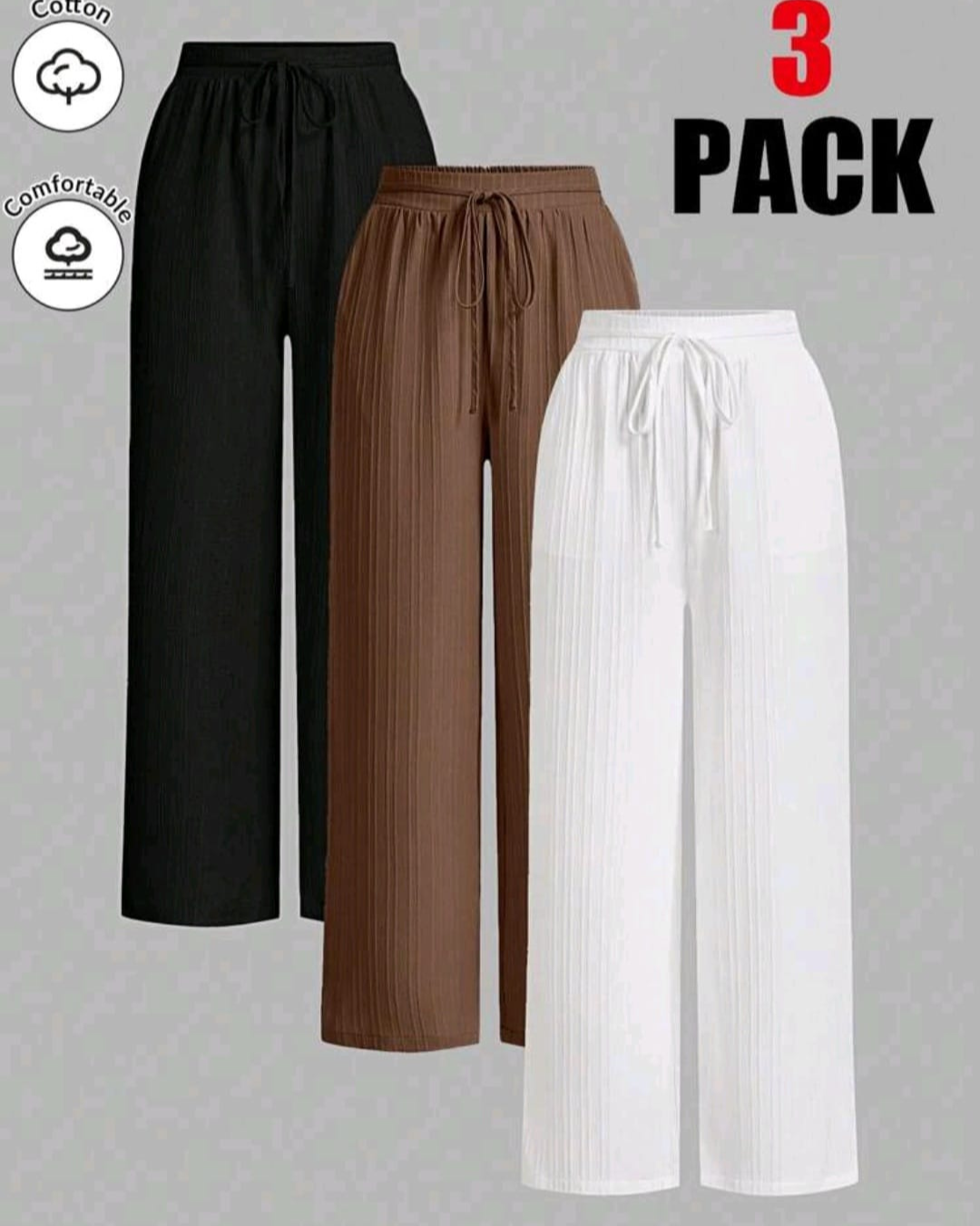 3Pcs Summer Solid Color Waist-Tie Wide Leg Casual Work Pants Set