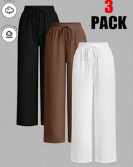 3Pcs Summer Solid Color Waist-Tie Wide Leg Casual Work Pants Set