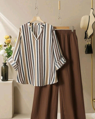 2pcs Set – women’s Textured Colorful Stripe Long Sleeve Shirt & Wide Leg Pants