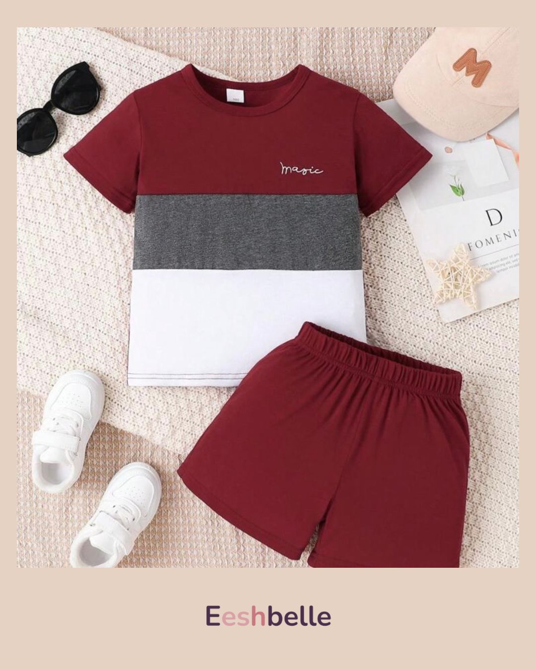 Boy 2pcs Summer Contrast Color Patchwork Round Neck Short Sleeve T-Shirt & Shorts