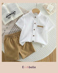 2pcs Boys Casual Summer New Outfit Brown Collar Half-Button Patch Pocket Shirt & Casual Shorts