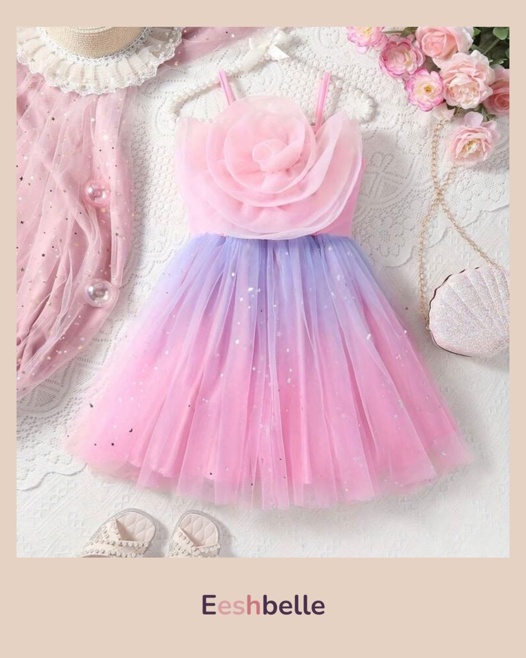 Pink Floral Patchwork Star Mesh Strap Dress – Girls
