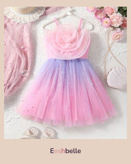 Pink Floral Patchwork Star Mesh Strap Dress – Girls